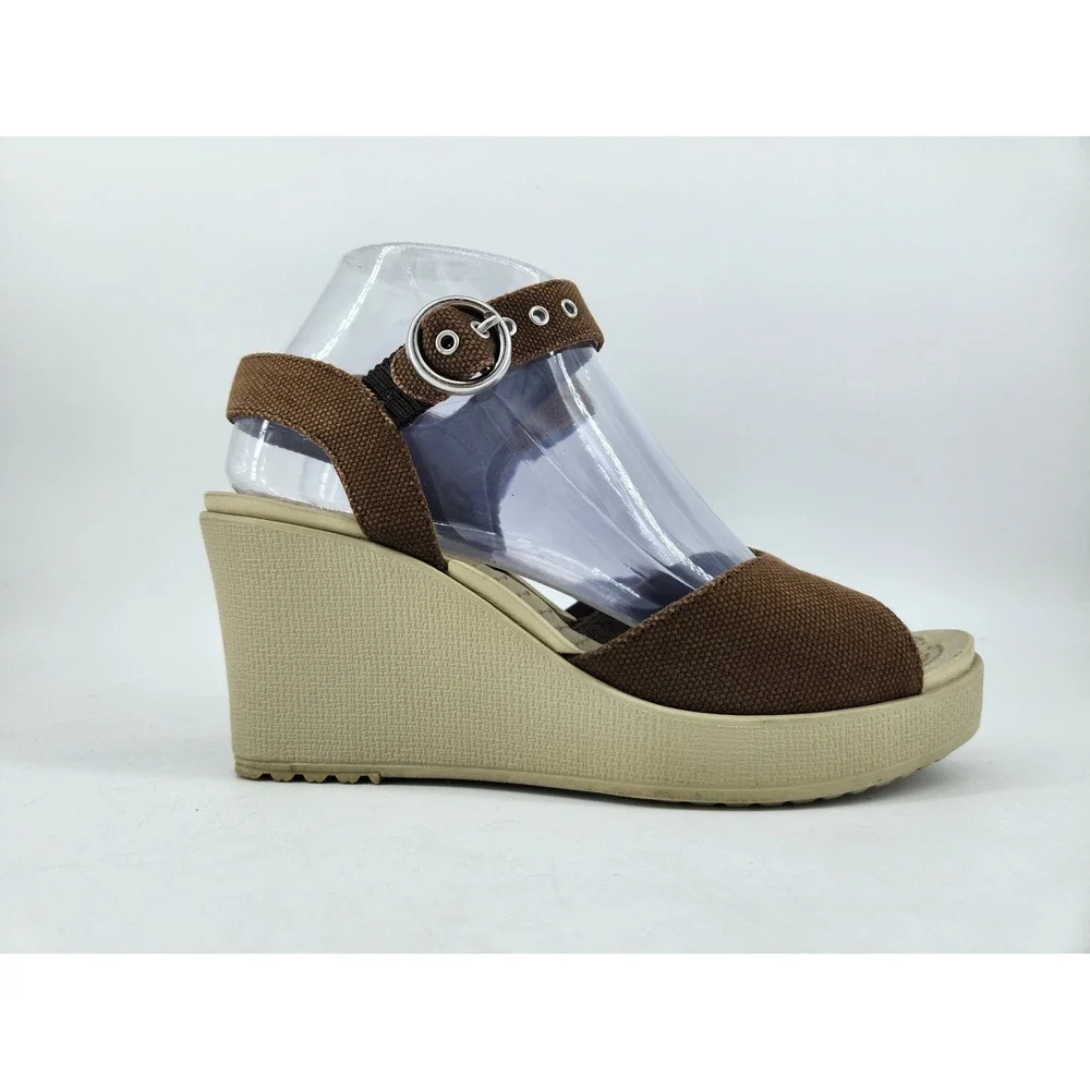 Crocs Hanalei Wedge Sandals Womens 7 Brown Canvas Ankle Strap Platform Peep Toe - Picture 7 of 12